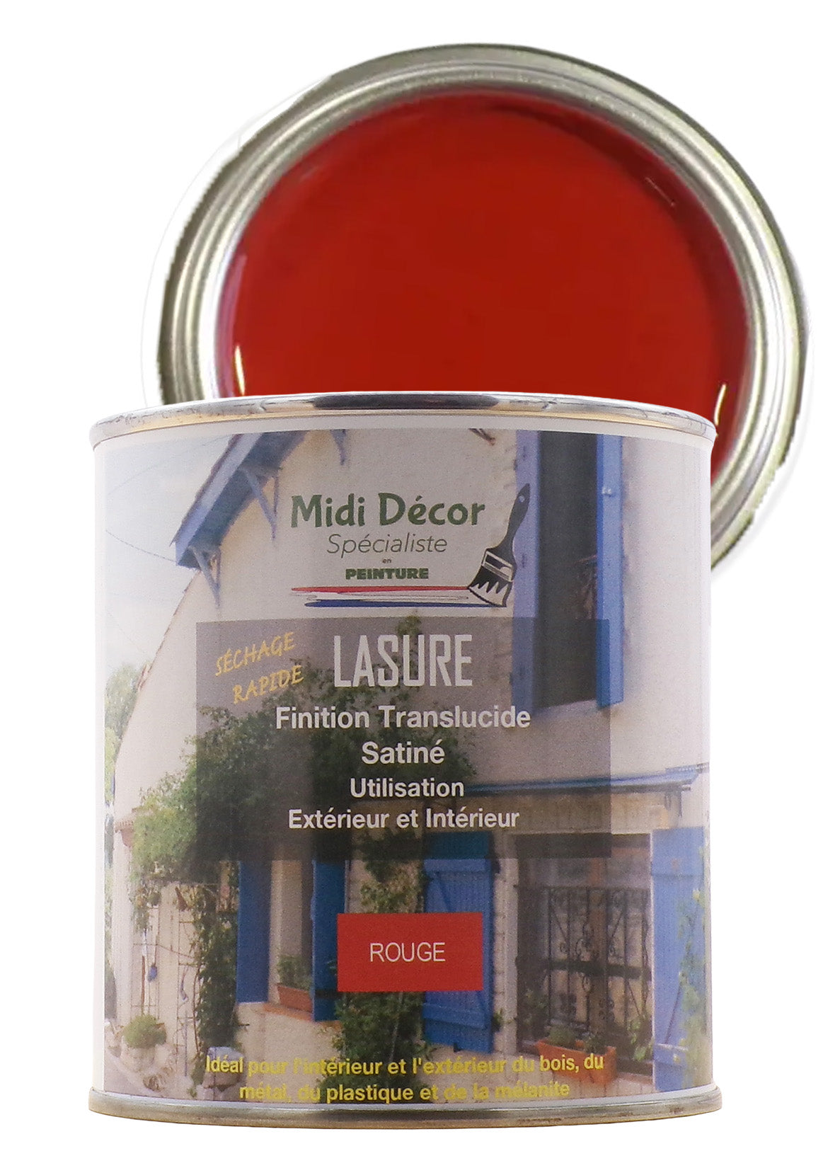 Can of Midi Decor paint with red interior lasure