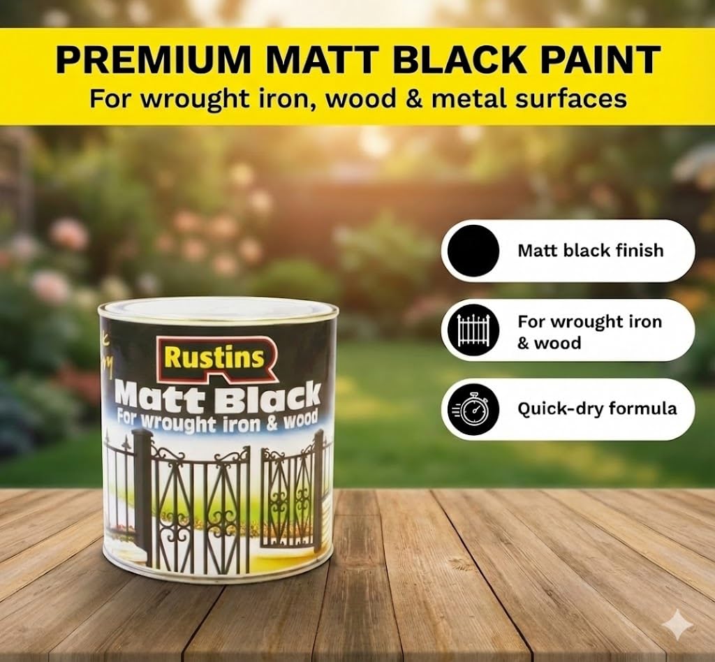 Can of Rustins Matt Black paint for wrought iron and wood on a wooden surface with a blurred garden background.