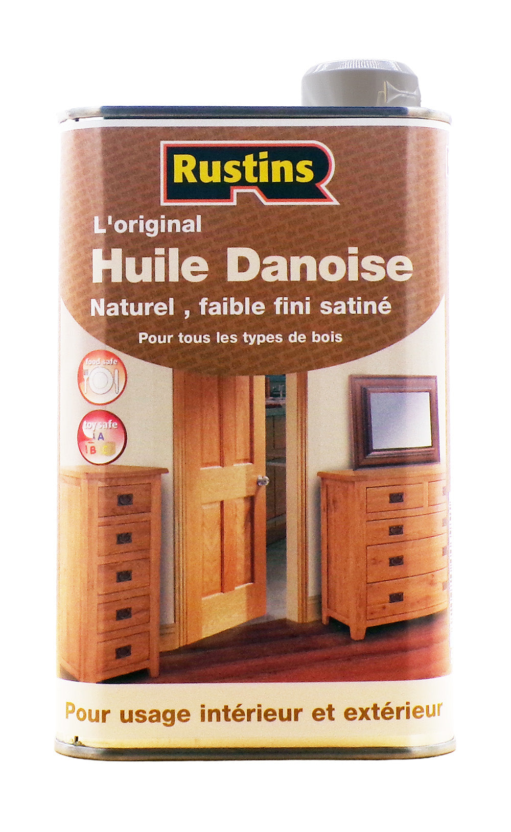 Can of Rustins Danoise Oil with wooden furniture on the label